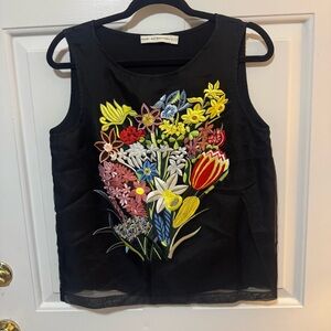 Mary Katrantzou Black Silk Sleeveless Top Multi Floral Embroidery Size US 6
